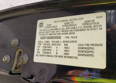 1999 Chevrolet S-10 Ls z USA, uszkodzony, nr VIN 1GCDT19X8XK205532